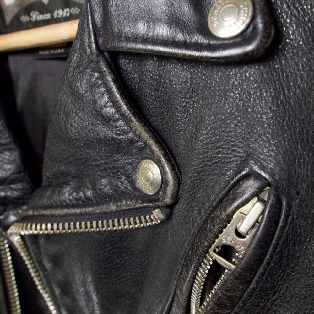Schott NYC Black Leather Motorcycle Bomber Jacket with Silver Hardware - Picture 4 of 9